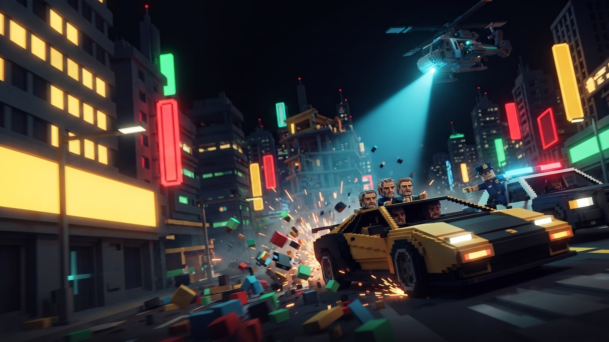 Adult block criminals speed through a neon city in an absurd sports car while a police helicopter gives chase