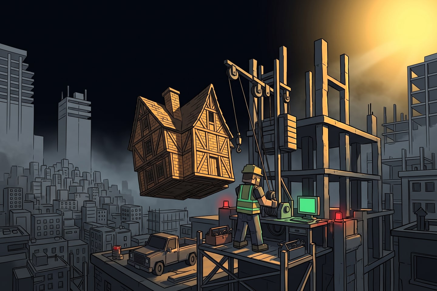 An adult block construction worker raising a crooked house beside an ambitious unfinished city tower