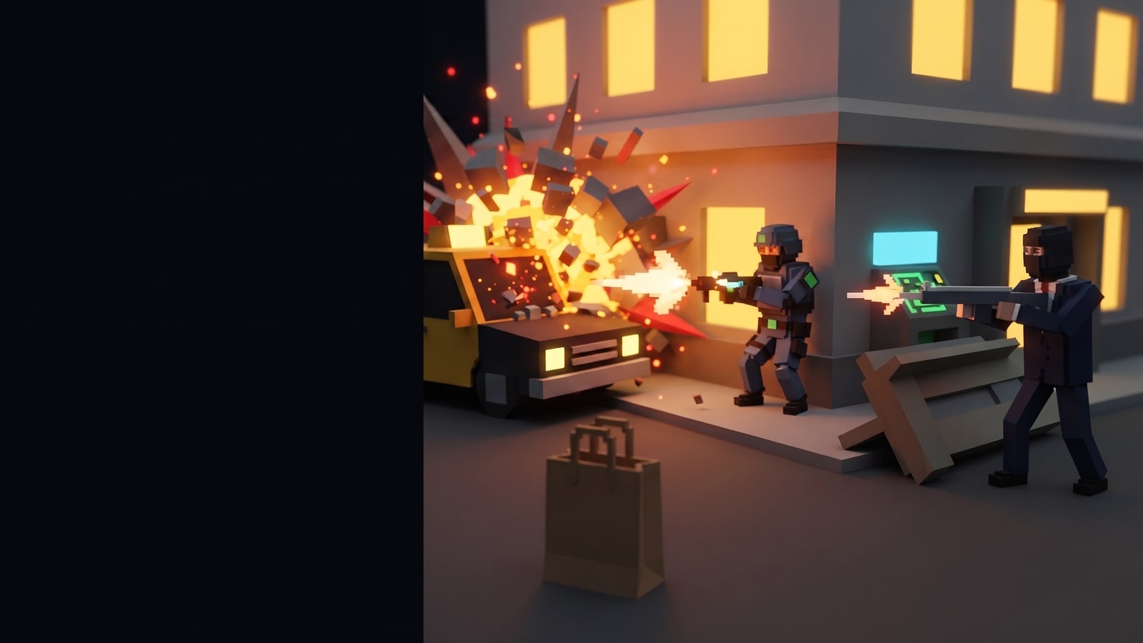 Adult block criminals and police exchanging gunfire outside a bank beside a faceted vehicle explosion