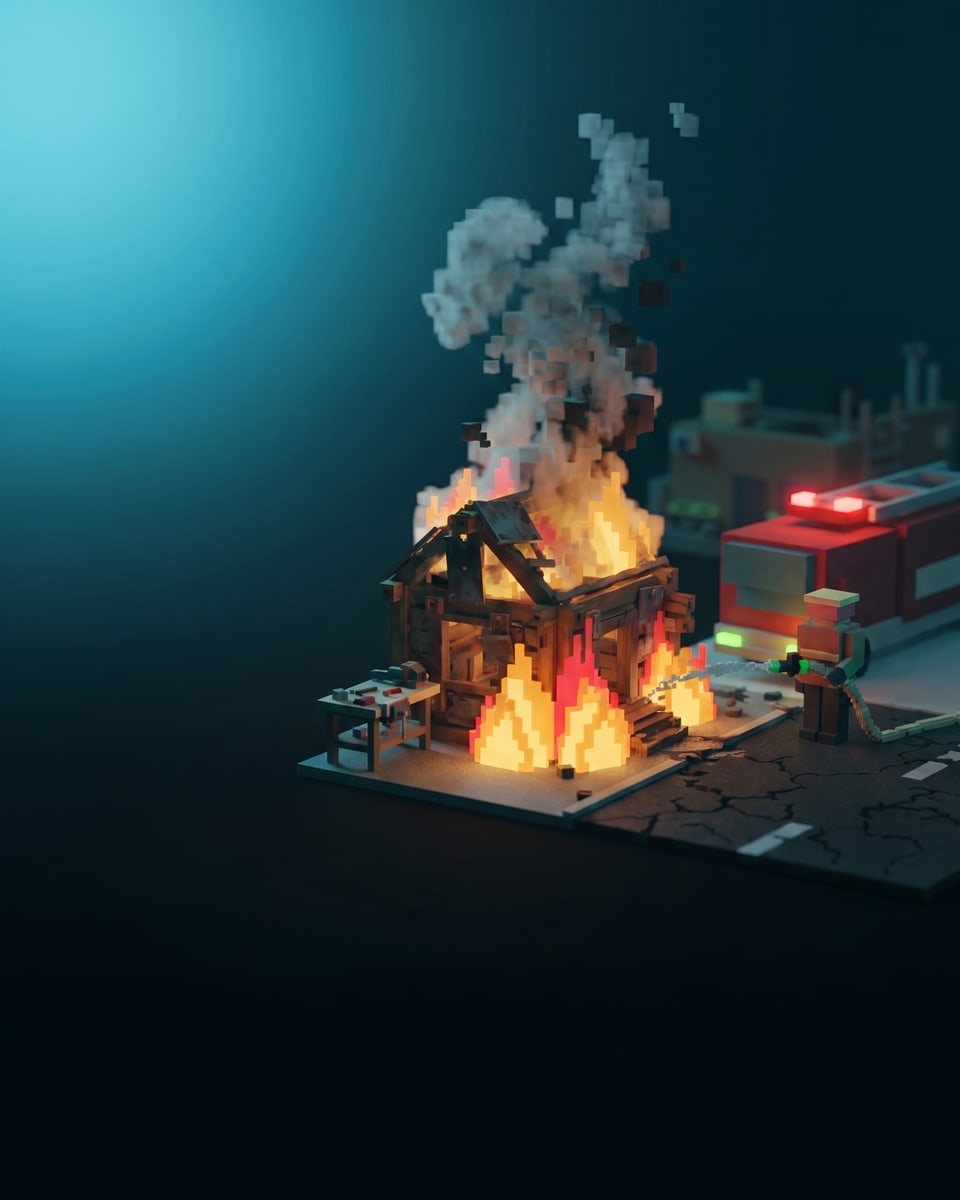 A wooden block lair burning at night as an adult firefighter and fire engine arrive