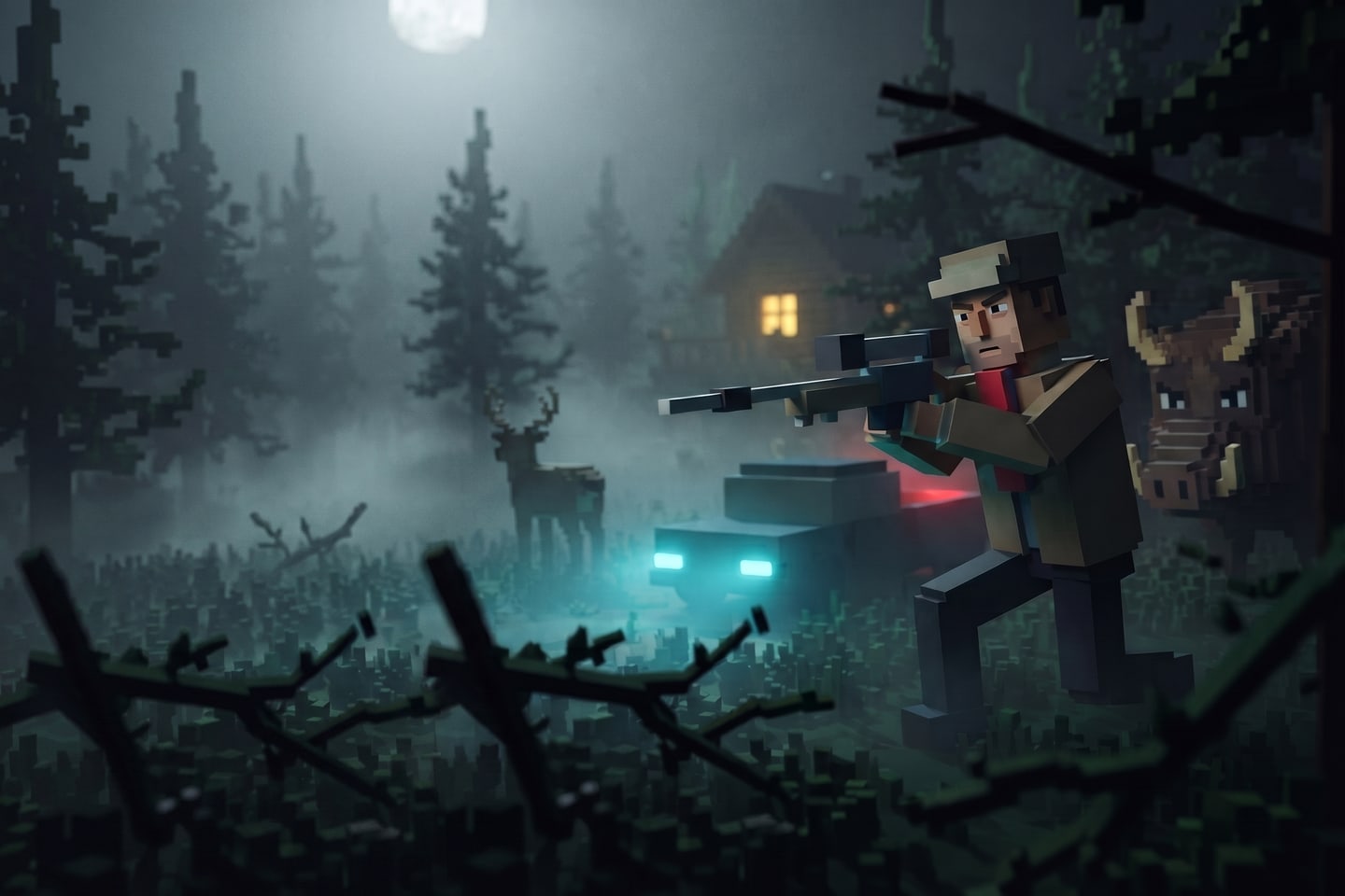 An adult block hunter tracking a deer in a foggy forest while a boar watches from behind