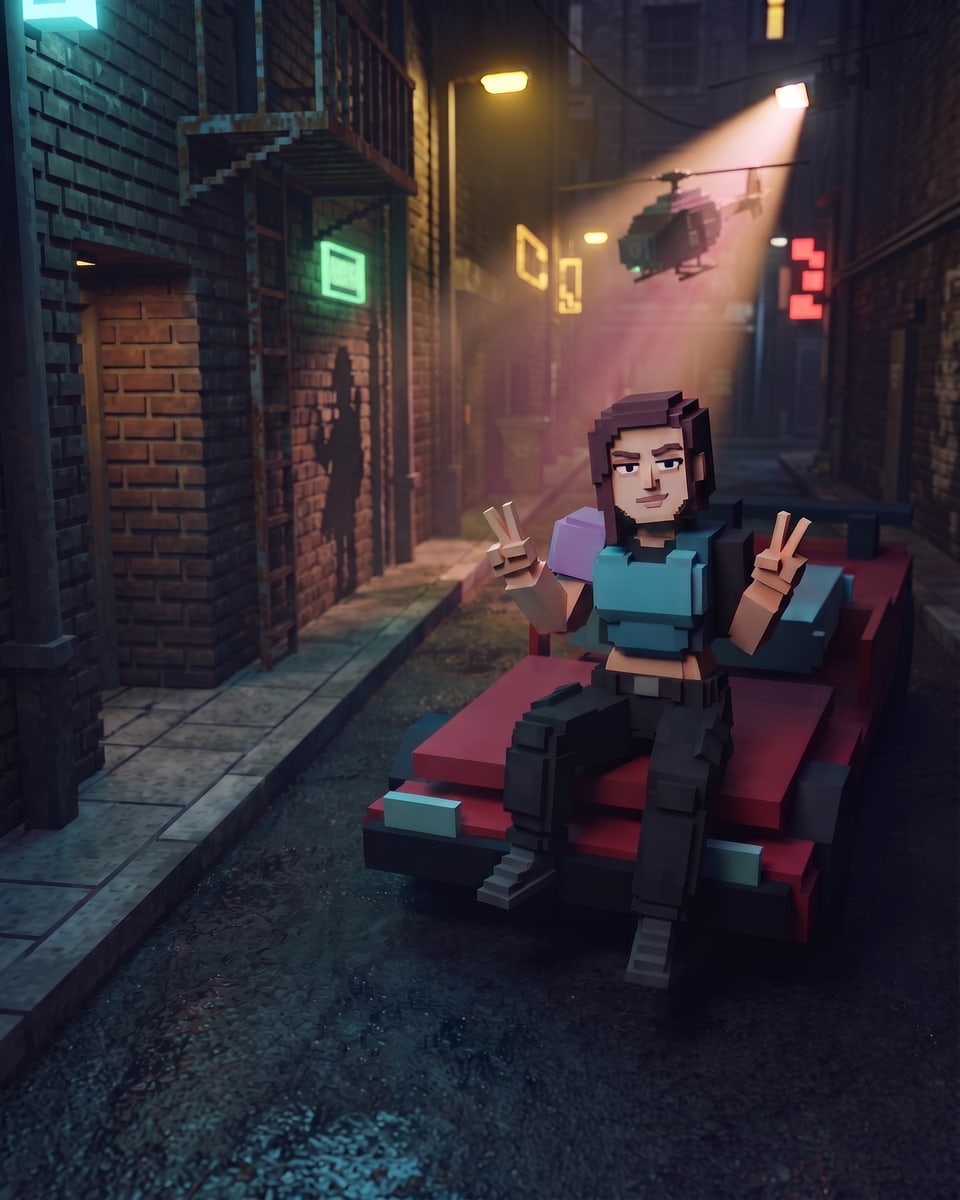 An adult block-city nightlife character giving two peace signs from the hood of a sports car under a police searchlight
