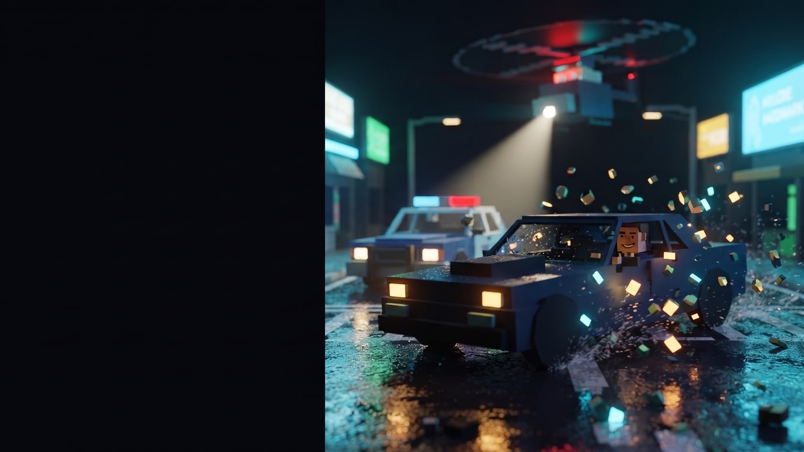 A block-built muscle car chased across a wet neon intersection by a police cruiser and helicopter