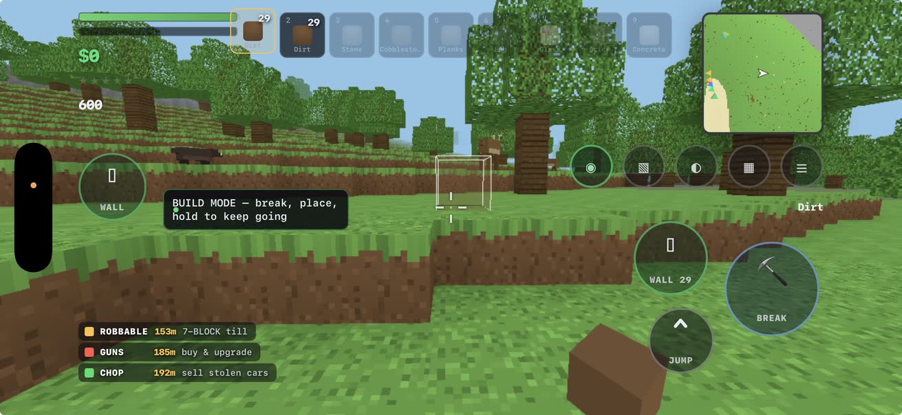Hard Block Life player shaping a block lair in the countryside
